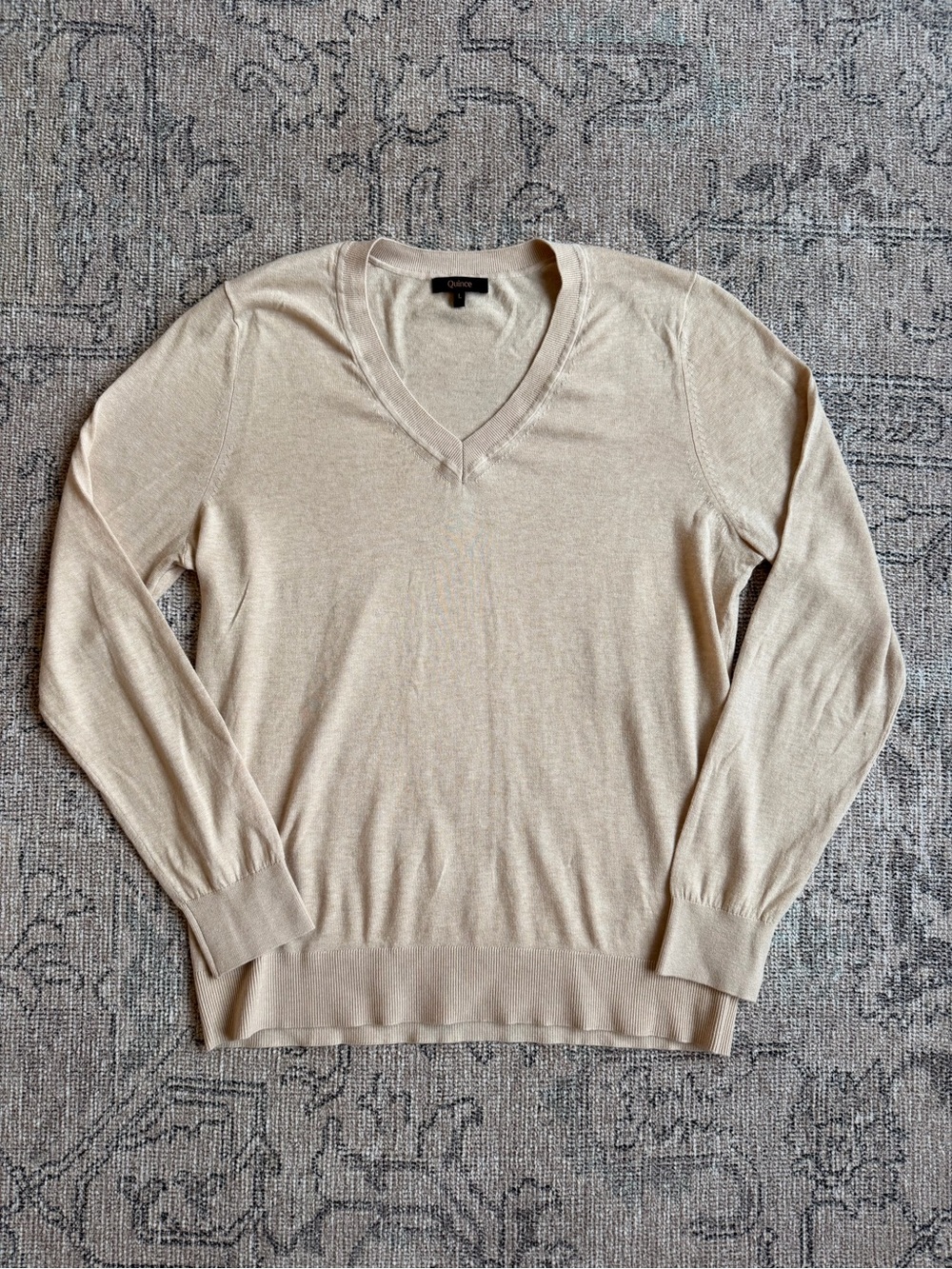 Quince Lightweight Cotton Cashmere V-Neck Sweater Oatmeal Sugar Stone L